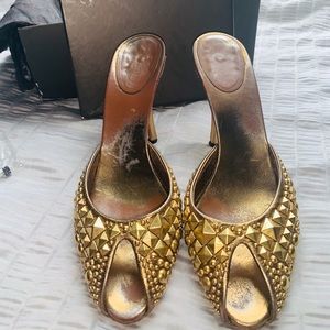 Gucci gold stud peep toe stiletto mules